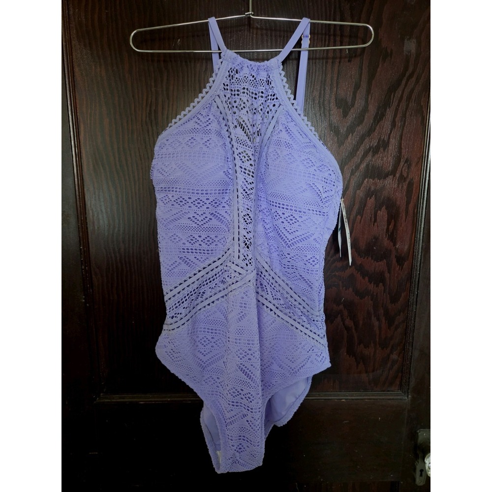 BECCA Color Play Crochet Plunge One Piece Swimsuit Size 14 16 OX Purple NWT